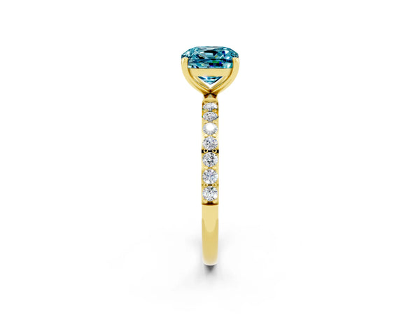 Yellow gold Cushion Cut Blue Topaz Solitaire Ring with Round  Pavé Band and Prong Setting