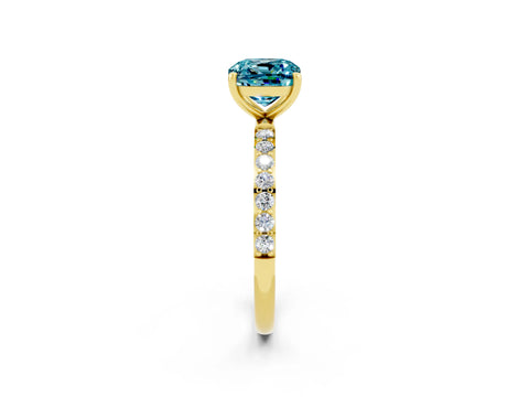 Yellow gold Cushion Cut Blue Topaz Solitaire Ring with Pave Band and Four Prong Setting_38