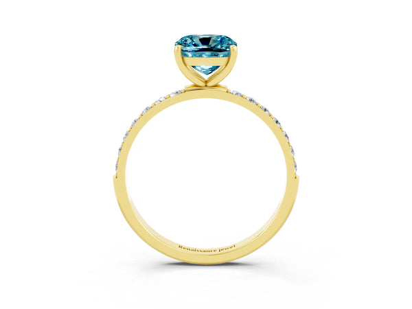 Yellow gold Cushion Cut Blue Topaz Solitaire Ring with Round  Pavé Band and Prong Setting