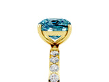 Yellow gold Cushion Cut Blue Topaz Solitaire Ring with Pave Band and Four Prong Setting_41