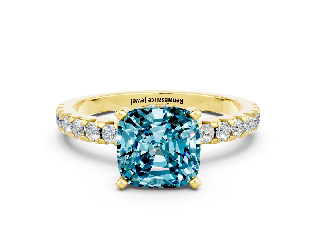 Yellow gold Cushion Cut Blue Topaz Solitaire Ring with Round  Pavé Band and Four-Prong Setting_36