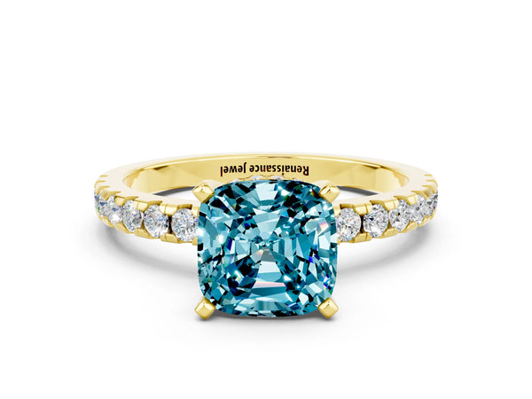 Yellow gold Cushion Cut Blue Topaz Solitaire Ring with Round Pavé Band and Four-Prong Setting