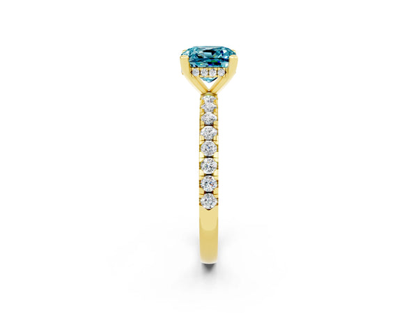 Yellow gold Cushion Cut Blue Topaz Solitaire Ring with Round Pavé Band and Four-Prong Setting
