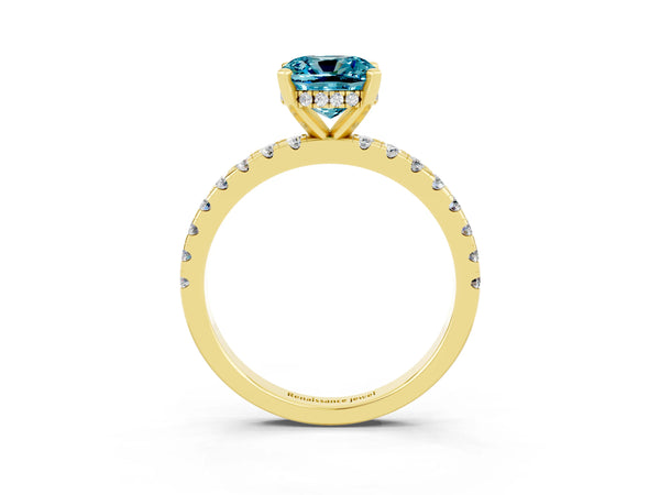 Yellow gold Cushion Cut Blue Topaz Solitaire Ring with Round Pavé Band and Four-Prong Setting