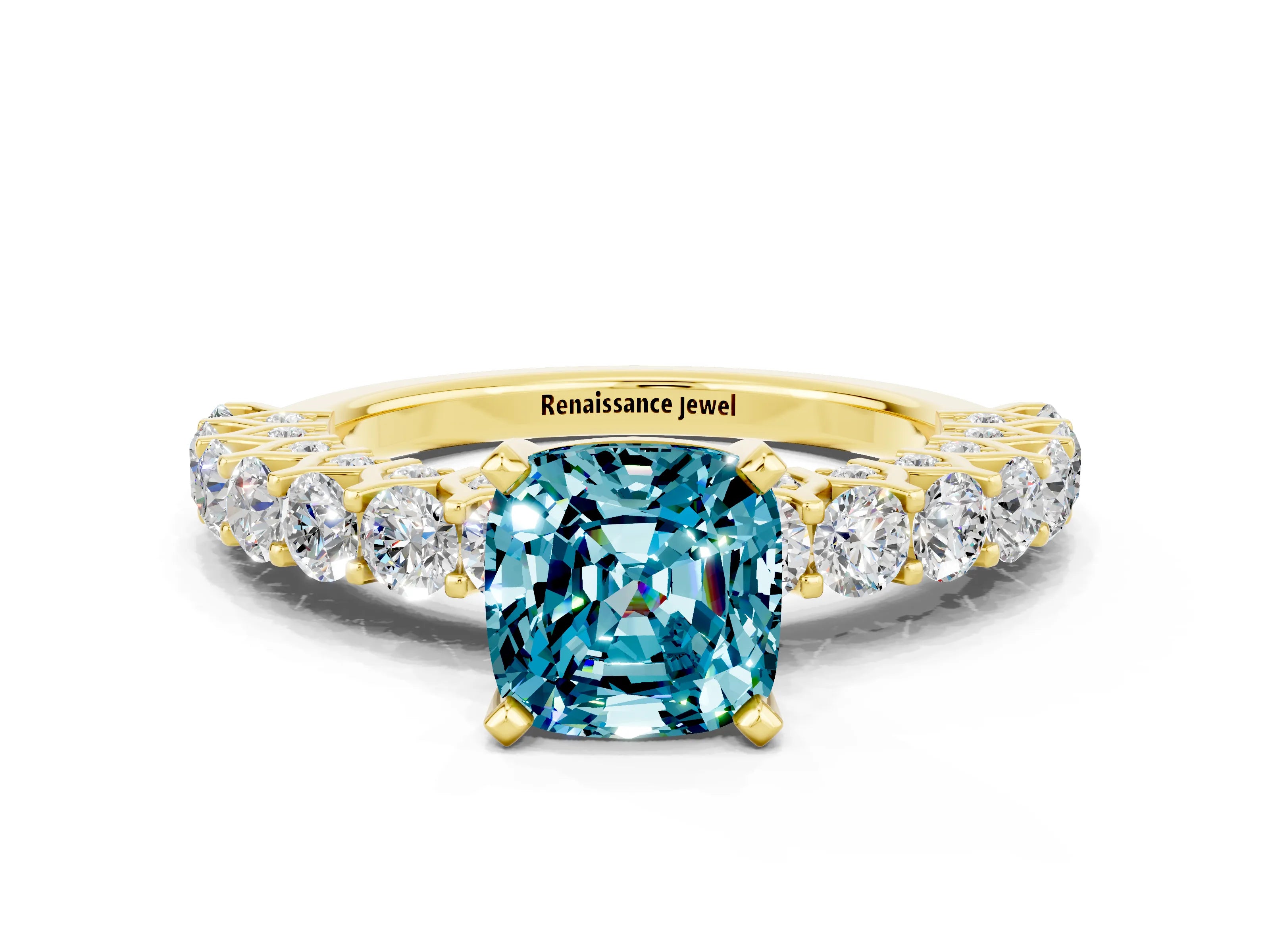 Yellow gold Cushion Cut Blue Topaz Solitaire Ring with Shared Prong Pavé Band and Four-Prong Setting