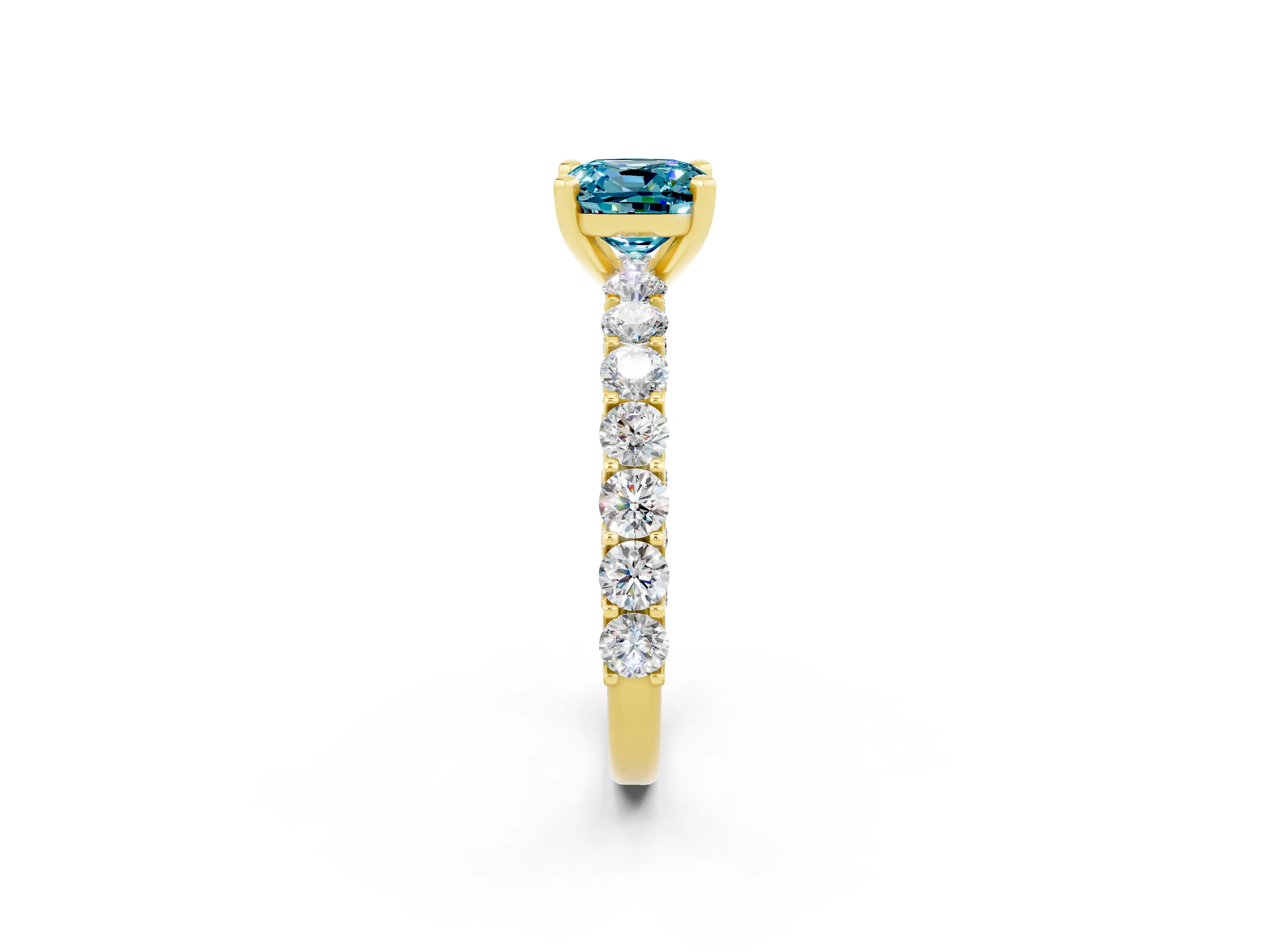 Yellow gold Cushion Cut Blue Topaz Solitaire Ring with Shared Prong Pavé Band and Four-Prong Setting_2
