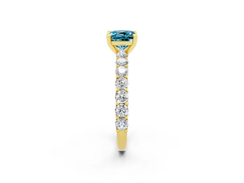 Yellow gold Cushion Cut Blue Topaz Solitaire Ring with Shared Prong Pavé Band and Four-Prong Setting_2