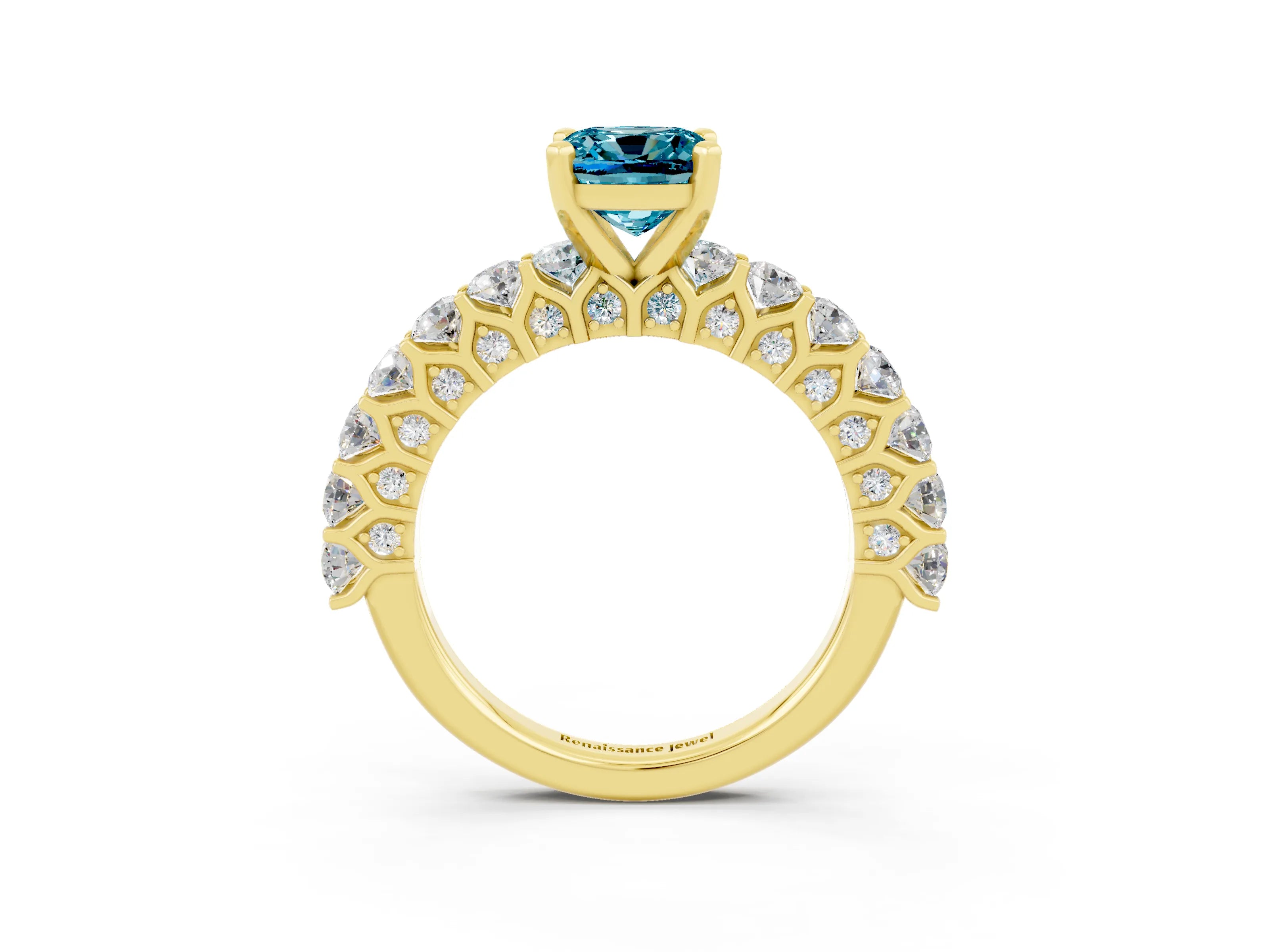 Yellow gold Cushion Cut Blue Topaz Solitaire Ring with Shared Prong Pavé Band and Four-Prong Setting_3