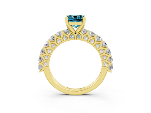 Yellow gold Cushion Cut Blue Topaz Solitaire Ring with Shared Prong Pavé Band and Four-Prong Setting_3