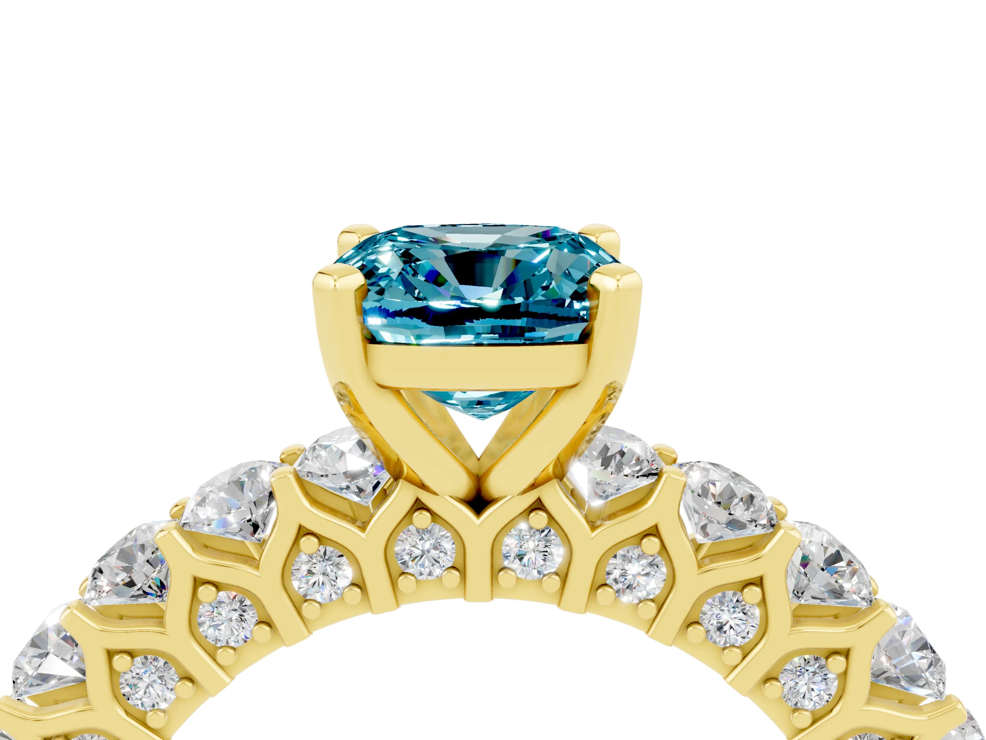 Yellow gold Cushion Cut Blue Topaz Solitaire Ring with Shared Prong Pavé Band and Four-Prong Setting_4