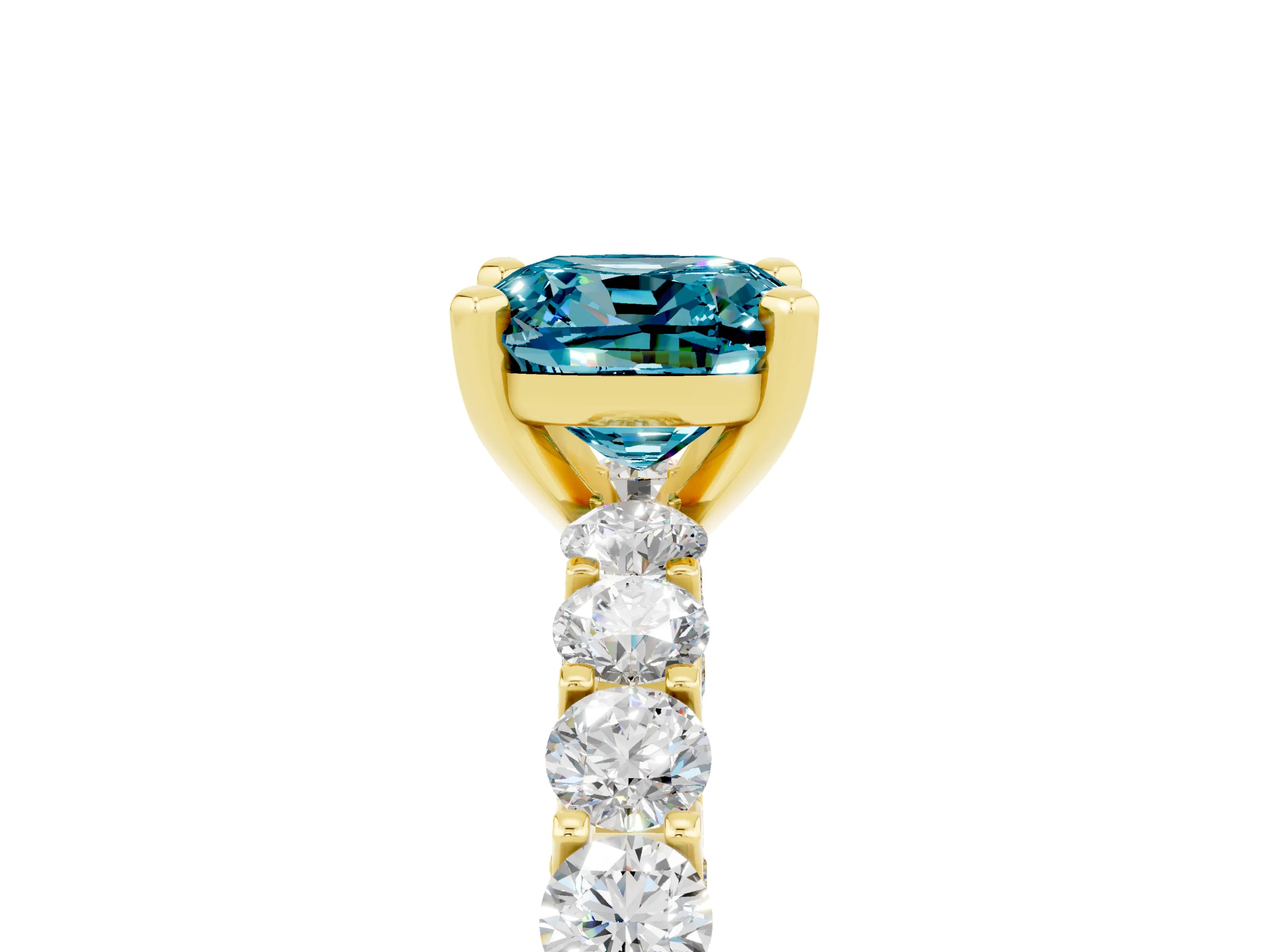 Yellow gold Cushion Cut Blue Topaz Solitaire Ring with Shared Prong Pavé Band and Four-Prong Setting_5