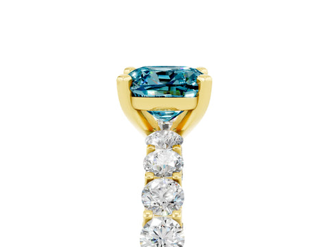 Yellow gold Cushion Cut Blue Topaz Solitaire Ring with Shared Prong Pavé Band and Four-Prong Setting_5
