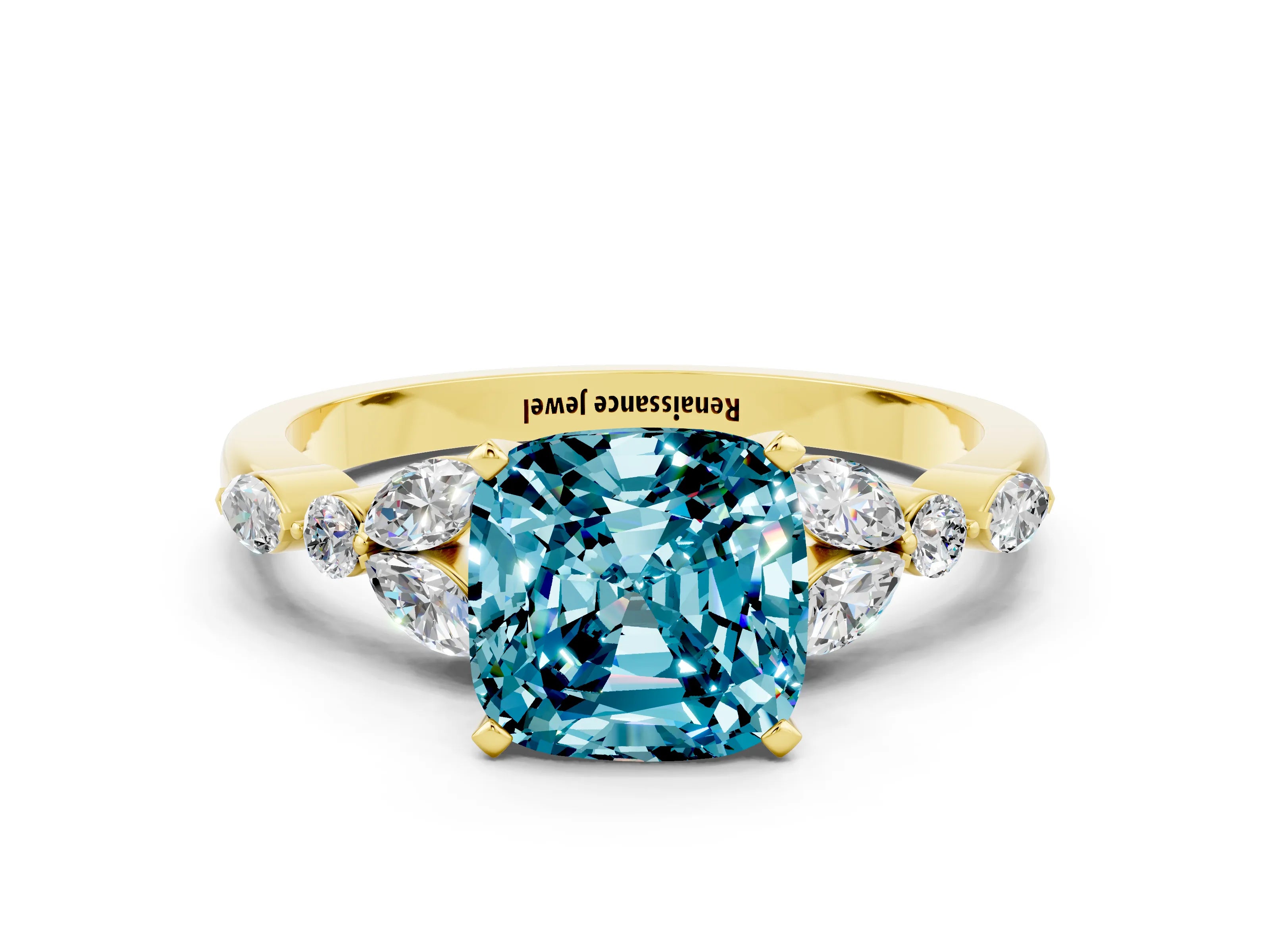 Yellow gold Cushion Cut Blue Topaz Solitaire Ring with Side Stones and Four-Prong Setting_12