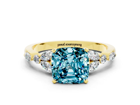 Yellow gold Cushion Cut Blue Topaz Solitaire Ring with Side Stones and Four-Prong Setting_12