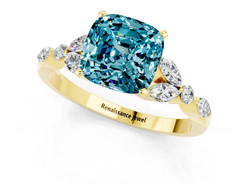 Yellow gold Cushion Cut Blue Topaz Solitaire Ring with Side Stones and Four-Prong Setting_13