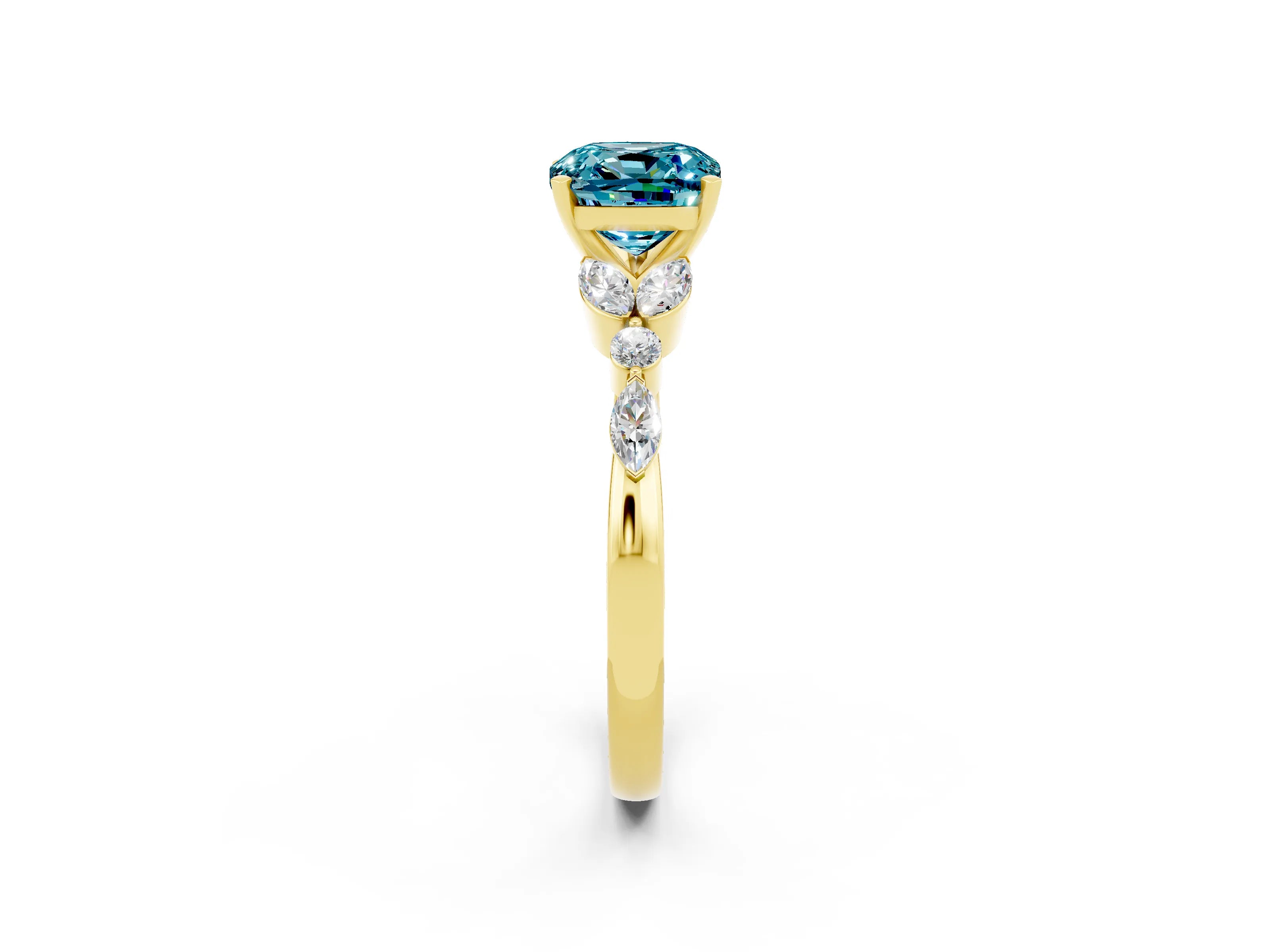 Yellow gold Cushion Cut Blue Topaz Solitaire Ring with Side Stones and Four-Prong Setting_14