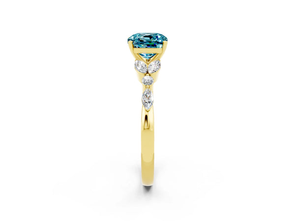 Yellow gold Cushion Cut Blue Topaz Solitaire Ring with Side Stones and Four-Prong Setting