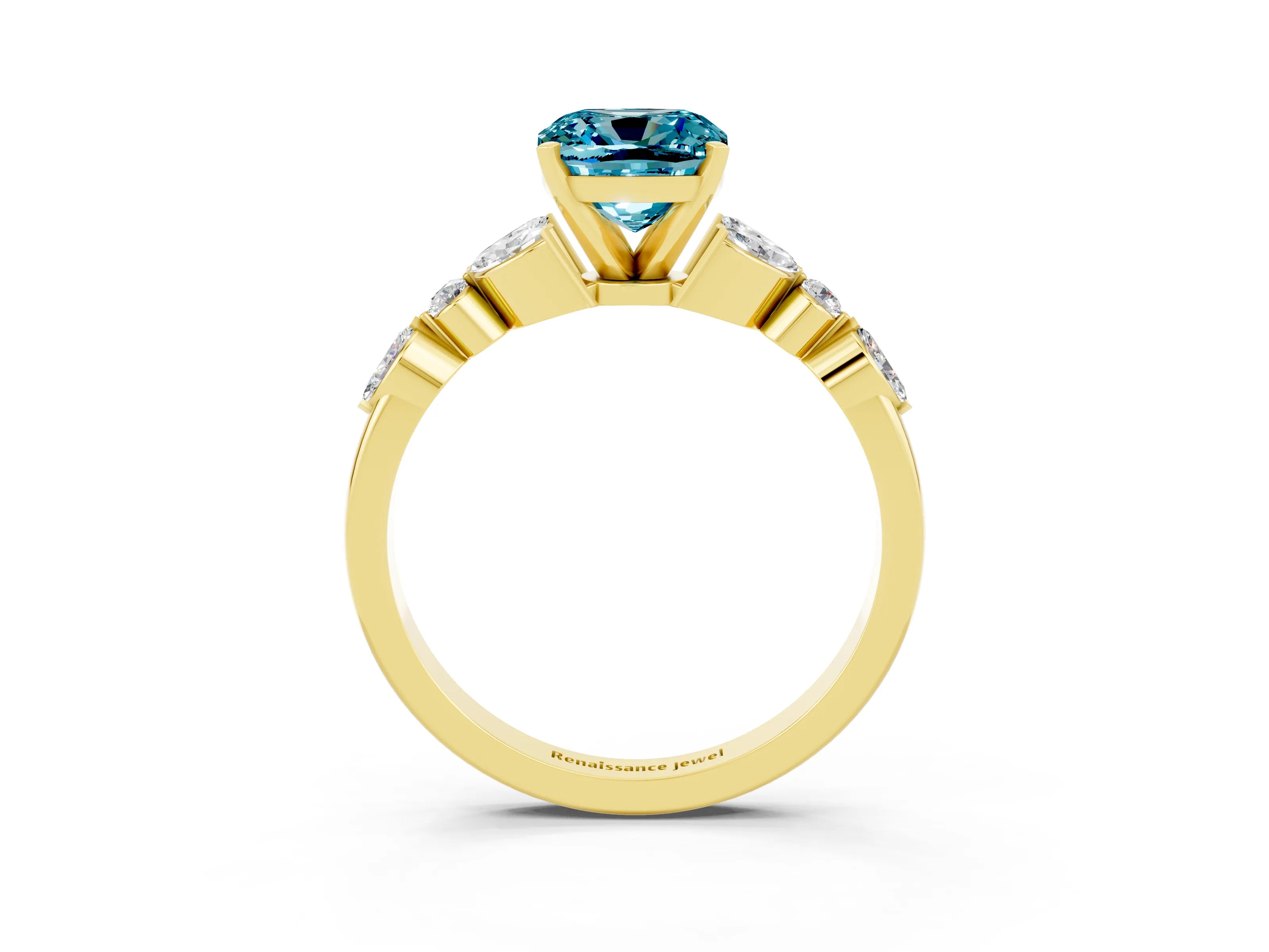 Yellow gold Cushion Cut Blue Topaz Solitaire Ring with Side Stones and Four-Prong Setting_15