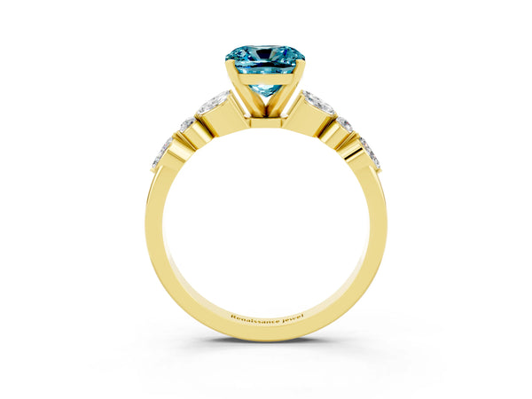 Yellow gold Cushion Cut Blue Topaz Solitaire Ring with Side Stones and Four-Prong Setting