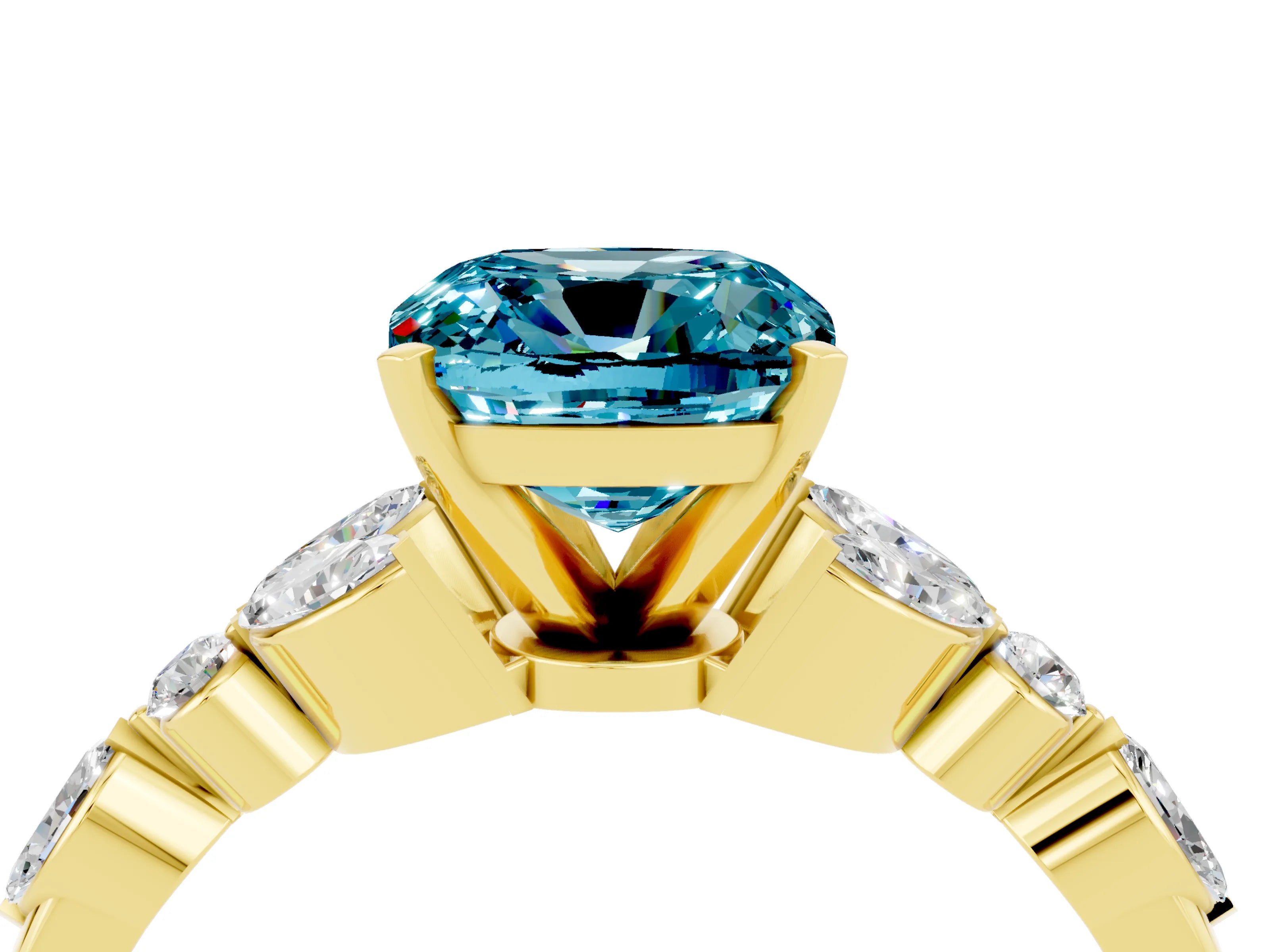 Yellow gold Cushion Cut Blue Topaz Solitaire Ring with Side Stones and Four-Prong Setting_16