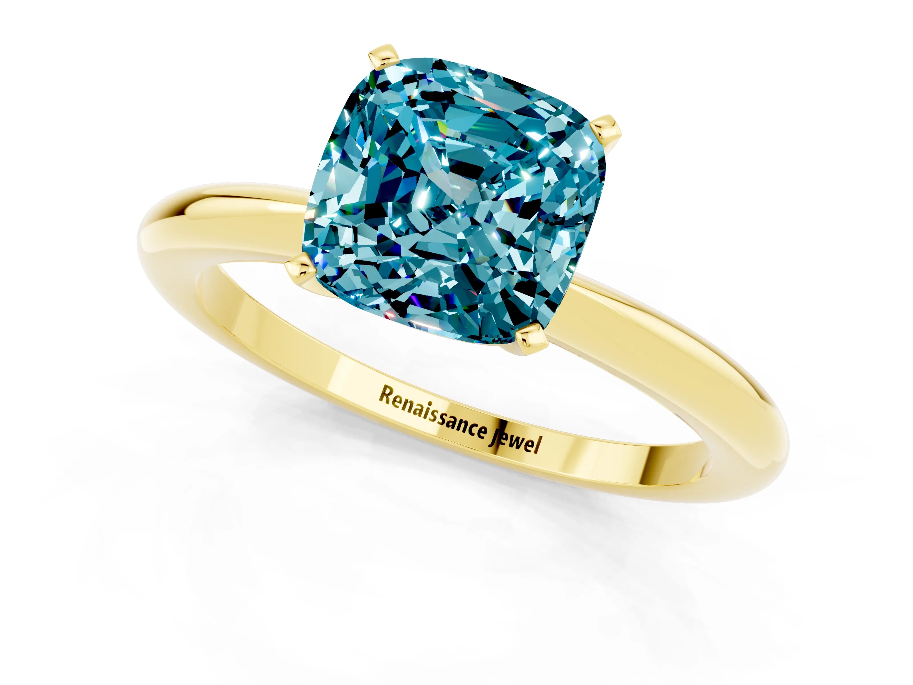 Yellow gold Cushion Cut Blue Topaz Solitaire Ring with Six-Prong Setting and Classic Band_1