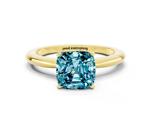 Yellow gold Cushion Cut Blue Topaz Solitaire Ring with Six-Prong Setting and Classic Band