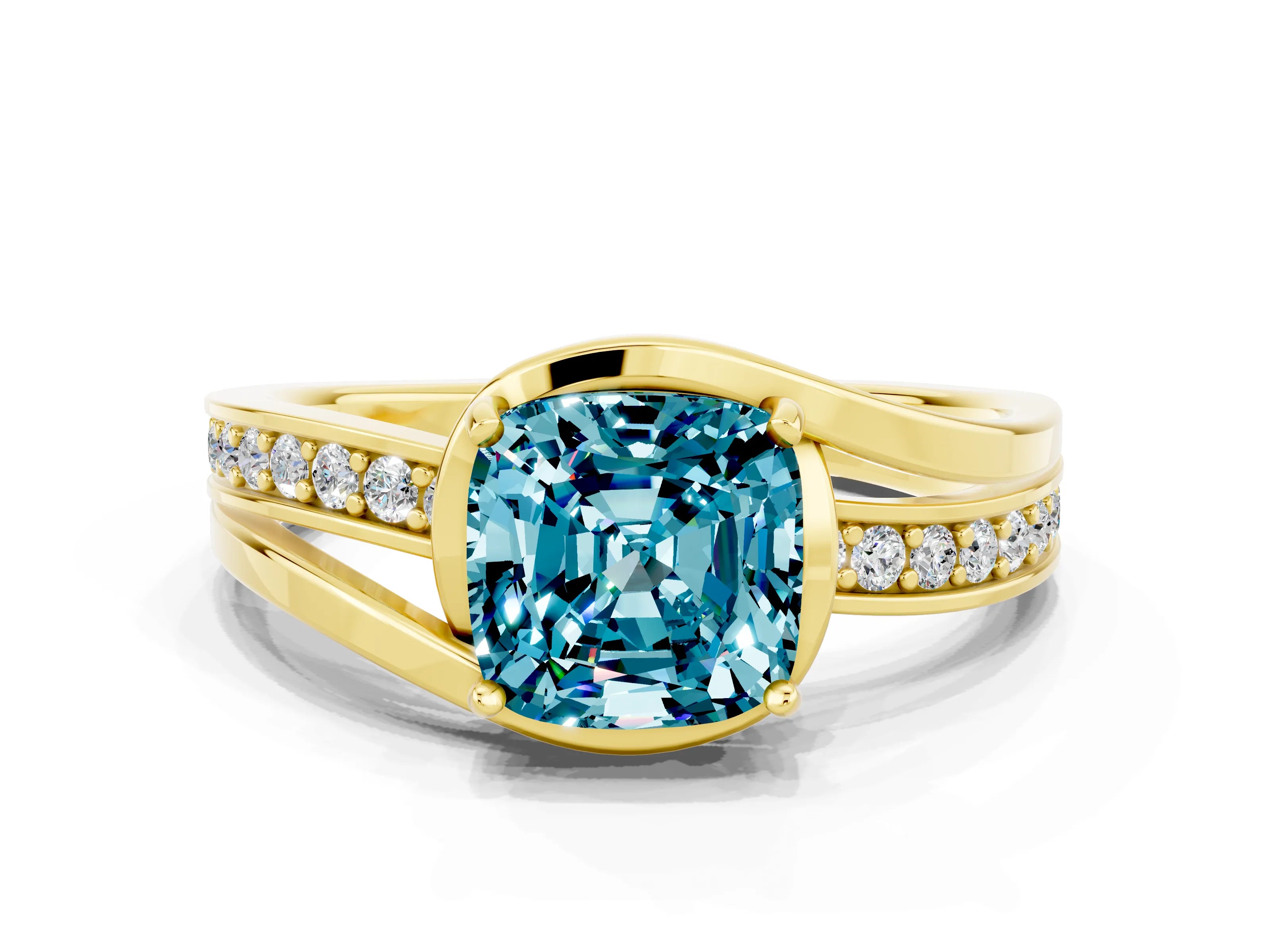 Yellow gold Cushion Cut Blue Topaz Solitaire Ring with Split Shank and Prong Setting