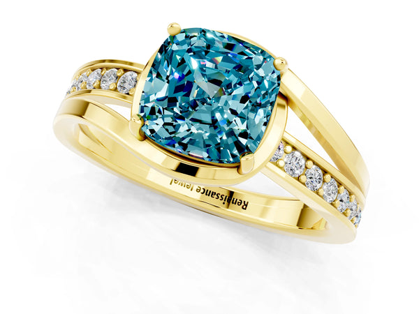Yellow gold Cushion Cut Blue Topaz Solitaire Ring with Split Shank and Prong Setting