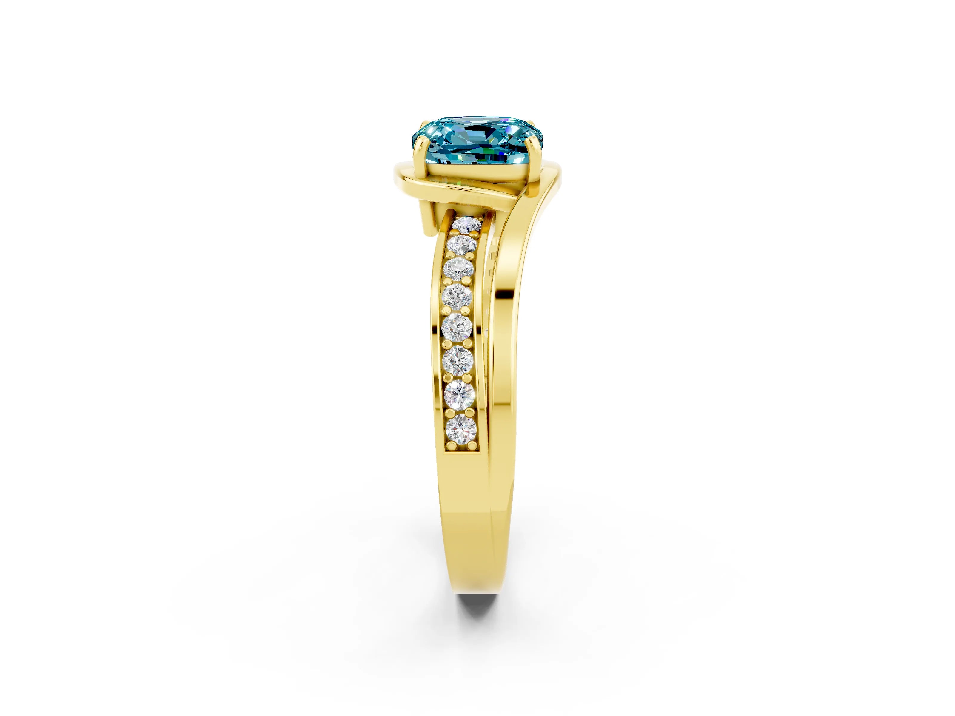 Yellow gold Cushion Cut Blue Topaz Solitaire Ring with Split Shank and Prong Setting_2