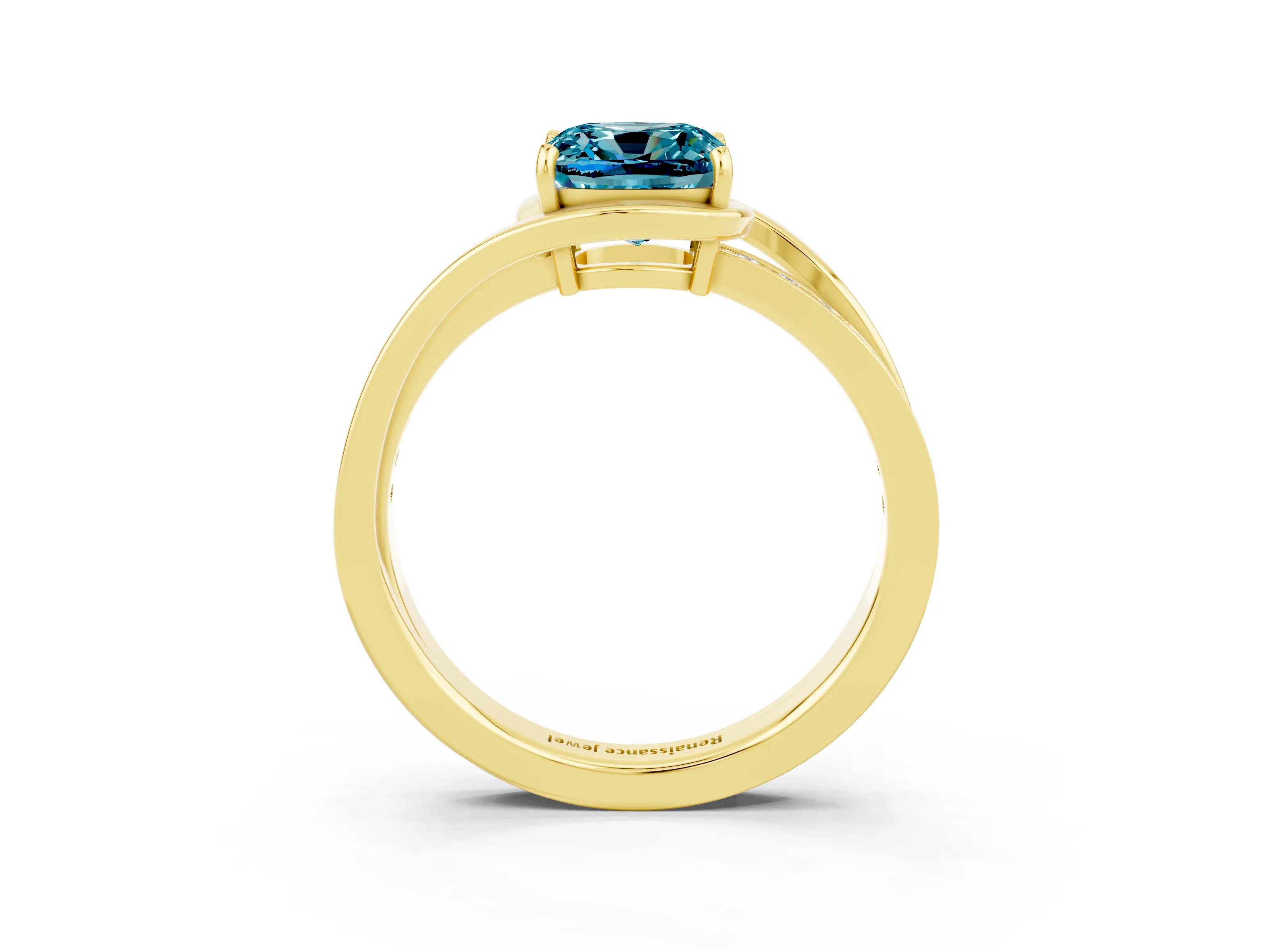 Yellow gold Cushion Cut Blue Topaz Solitaire Ring with Split Shank and Prong Setting_3