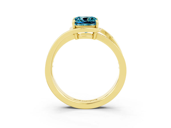 Yellow gold Cushion Cut Blue Topaz Solitaire Ring with Split Shank and Prong Setting