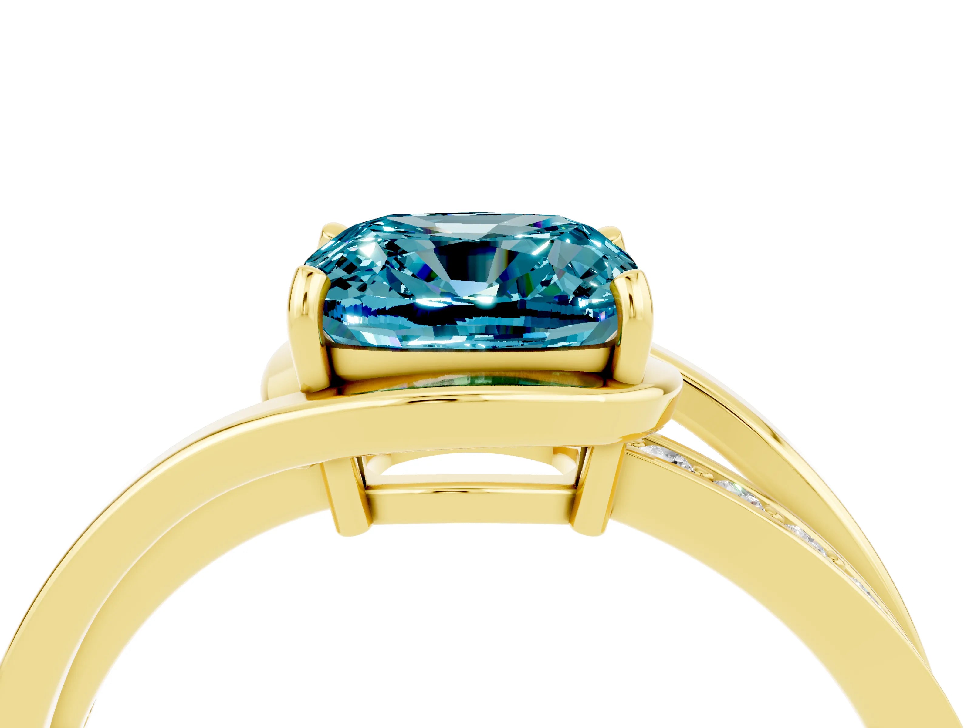 Yellow gold Cushion Cut Blue Topaz Solitaire Ring with Split Shank and Prong Setting_4
