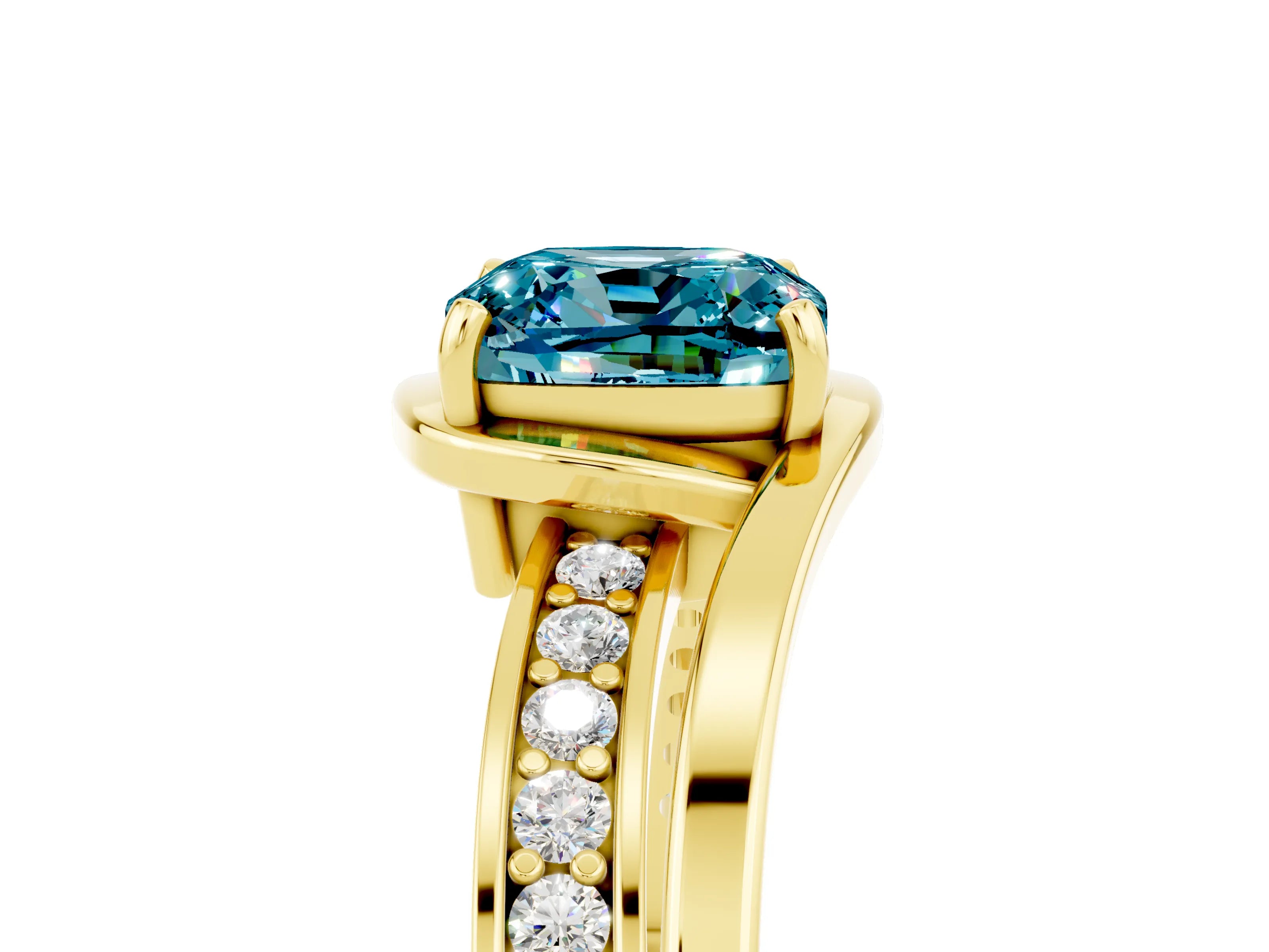 Yellow gold Cushion Cut Blue Topaz Solitaire Ring with Split Shank and Prong Setting_5