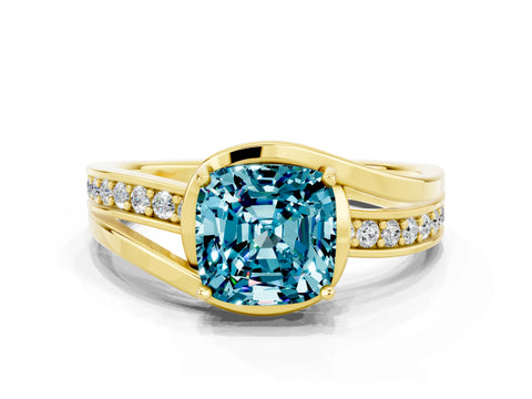 Yellow gold Cushion Cut Blue Topaz Solitaire Ring with Split Shank and Prong Setting