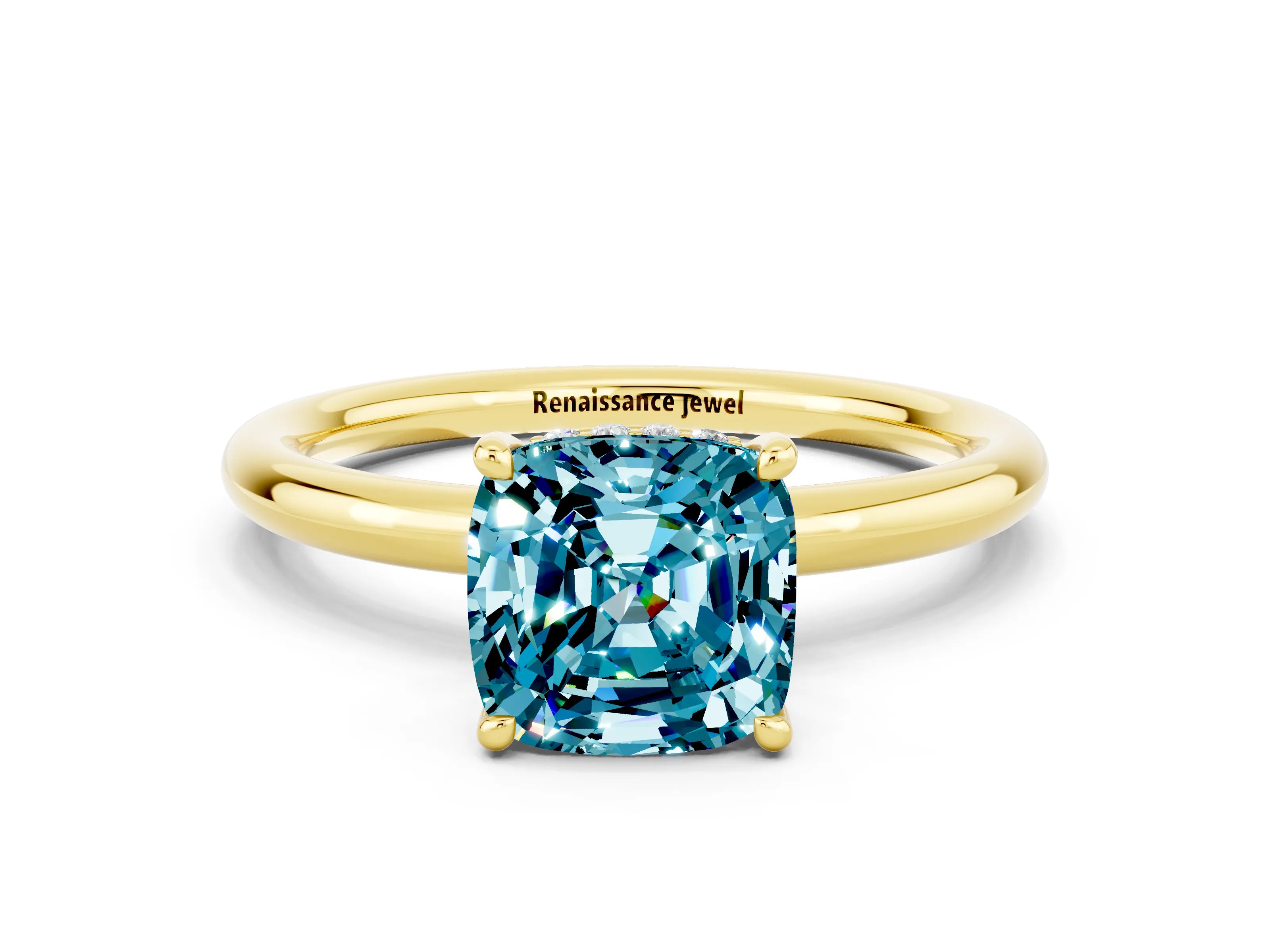 Yellow gold Cushion Cut Blue Topaz Solitaire Ring with Thin Band and Four-Prong Setting
