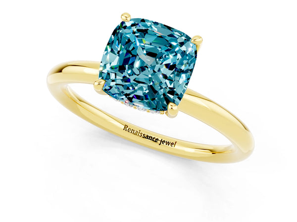 Yellow gold Cushion Cut Blue Topaz Solitaire Ring with Thin Band and Four-Prong Setting