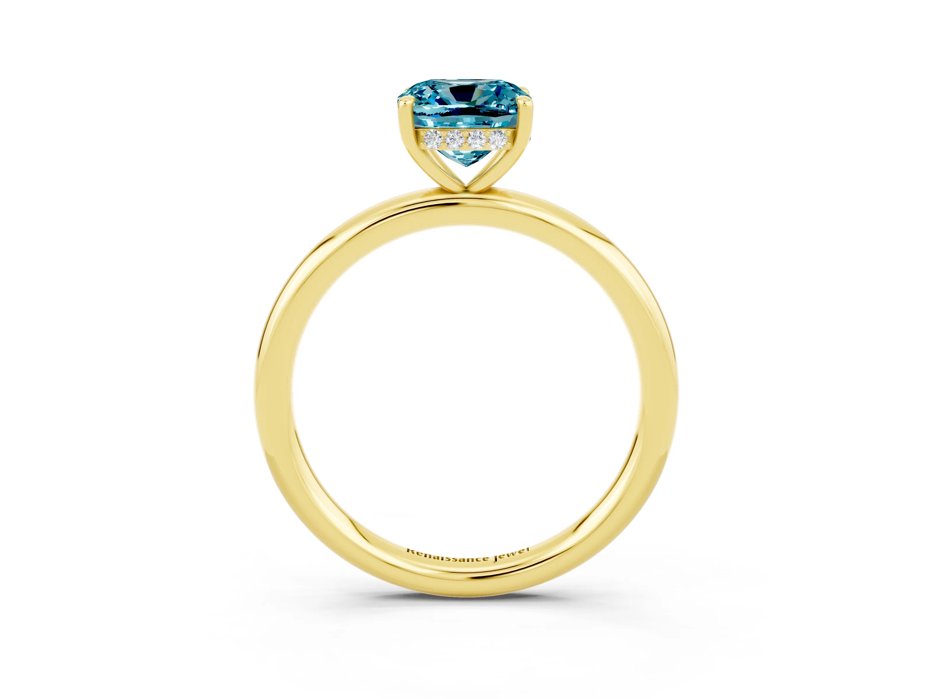 Yellow gold Cushion Cut Blue Topaz Solitaire Ring with Thin Band and Four-Prong Setting_3
