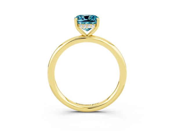 Yellow gold Cushion Cut Blue Topaz Solitaire Ring with Thin Band and Four-Prong Setting