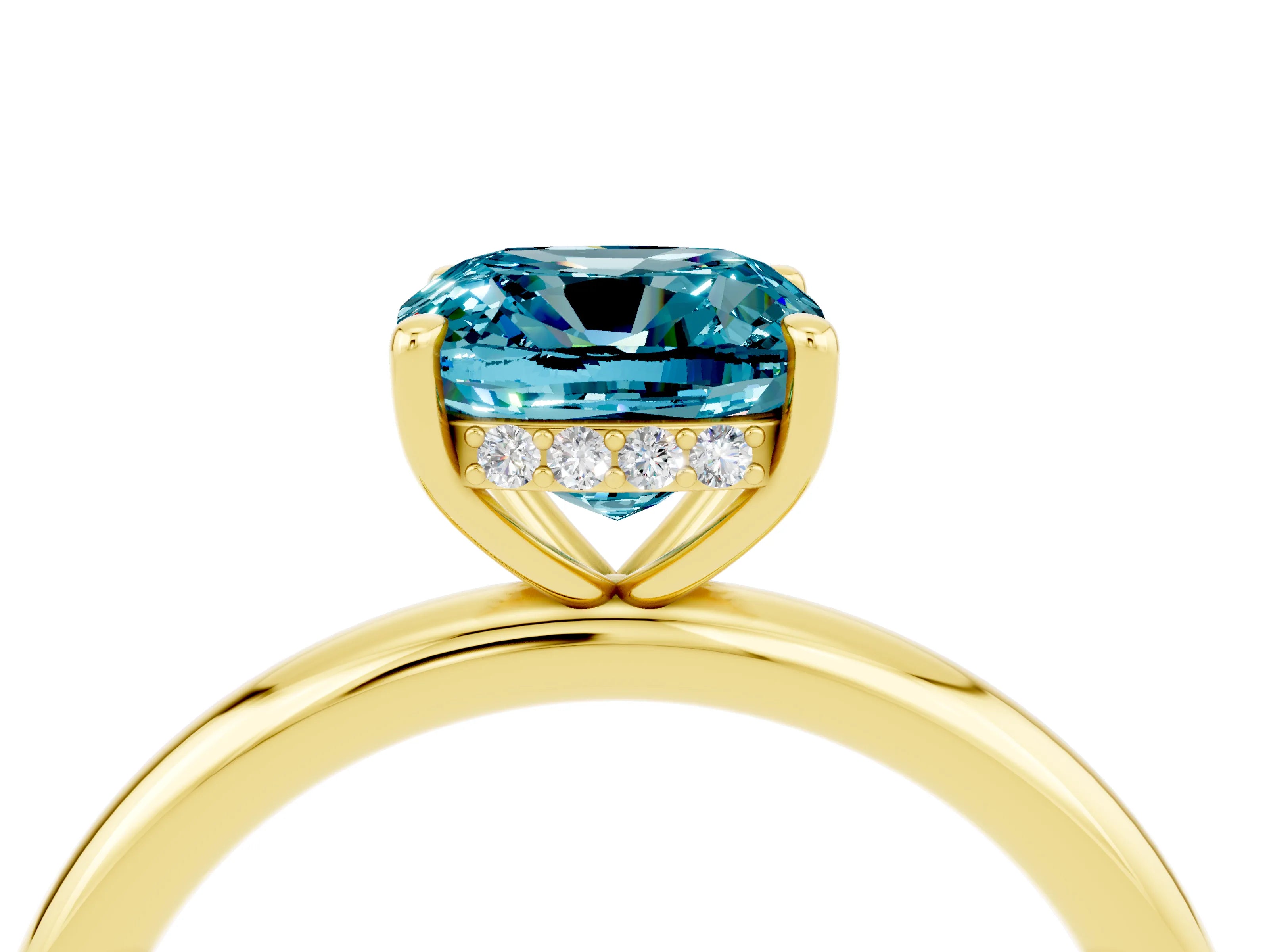 Yellow gold Cushion Cut Blue Topaz Solitaire Ring with Thin Band and Four-Prong Setting_4