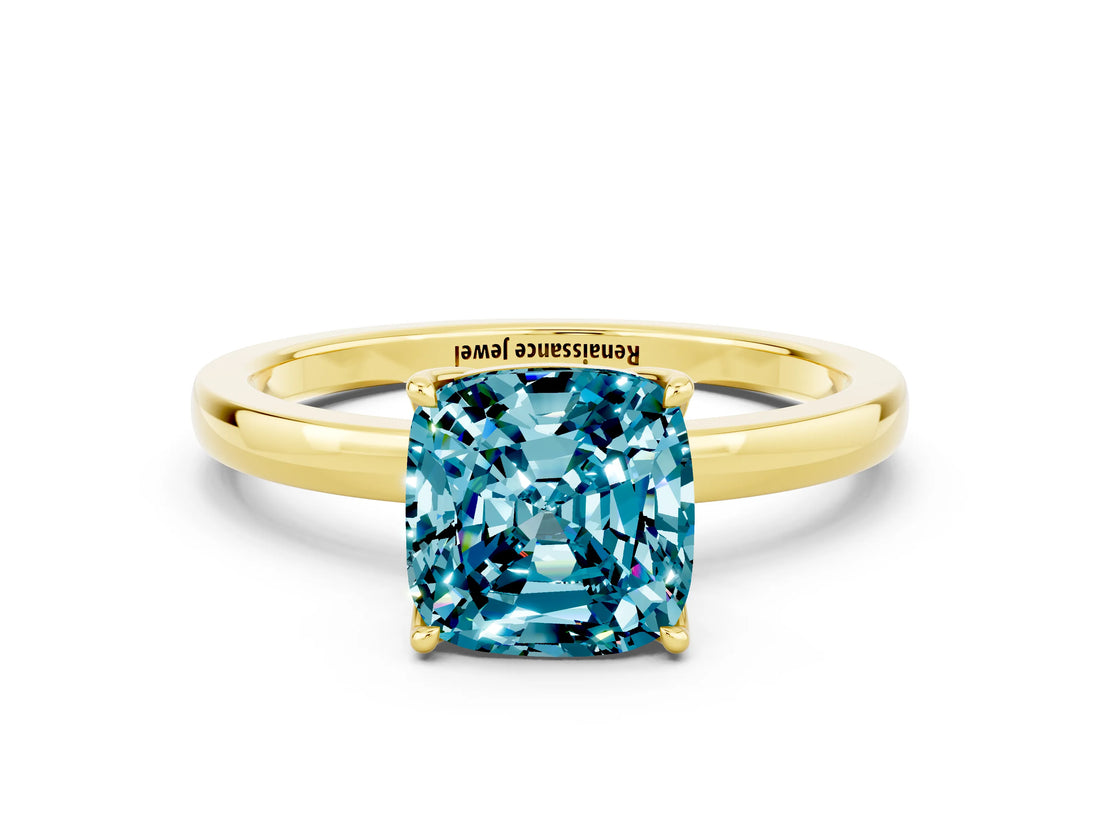 Yellow gold Cushion Cut Blue Topaz Solitaire Ring with Thin Band and Prong Setting_12