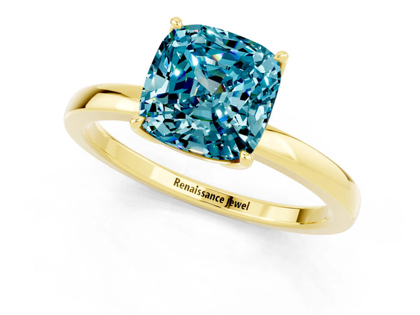 Yellow gold Cushion Cut Blue Topaz Solitaire Ring with Thin Band and Prong Setting