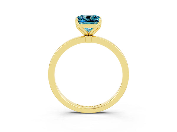 Yellow gold Cushion Cut Blue Topaz Solitaire Ring with Thin Band and Prong Setting