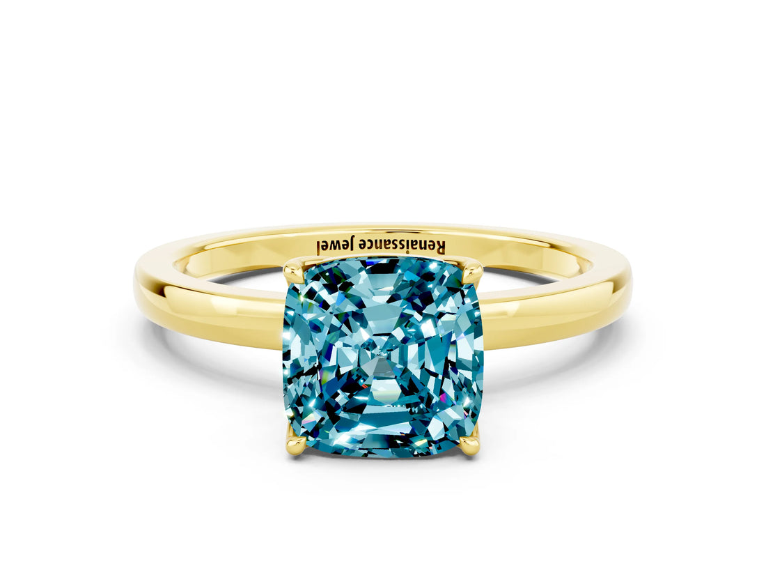 Yellow gold Cushion Cut Blue Topaz Solitaire Ring with Thin Band and Prong Setting_24