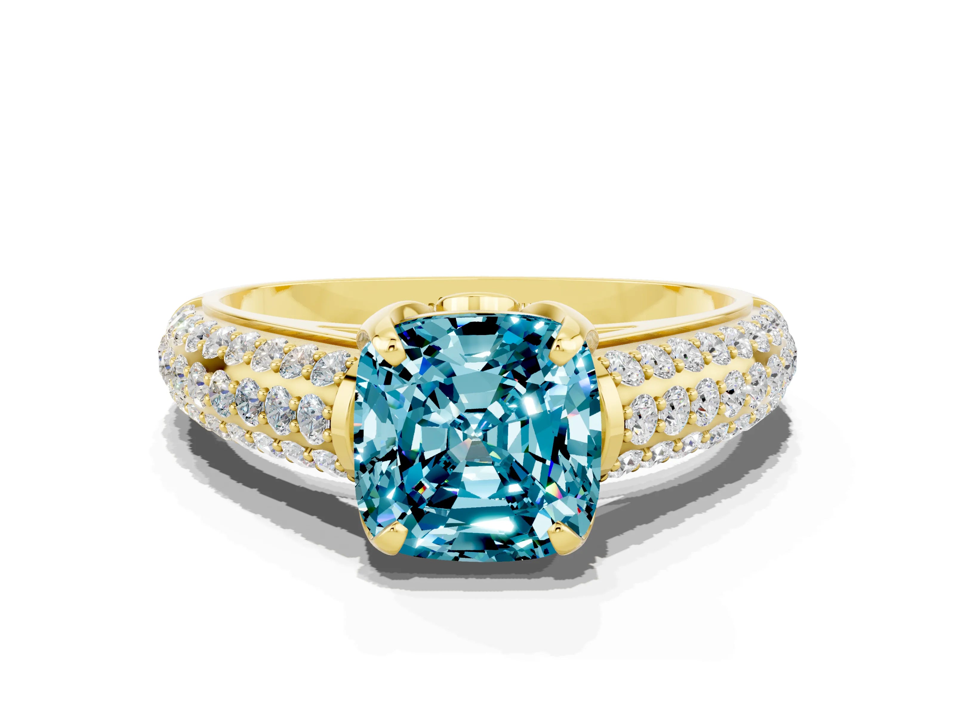 Yellow gold Cushion Cut Blue Topaz Solitaire Ring with Three-Row Pavé Band and Four-Prong Setting_12