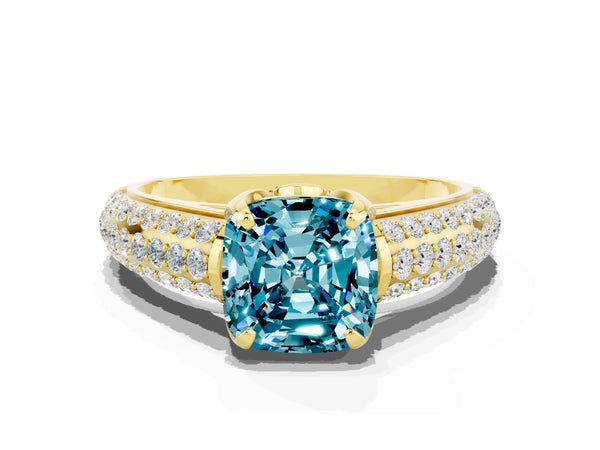 Yellow gold Cushion Cut Blue Topaz Solitaire Ring with Three-Row Pavé Band and Four-Prong Setting