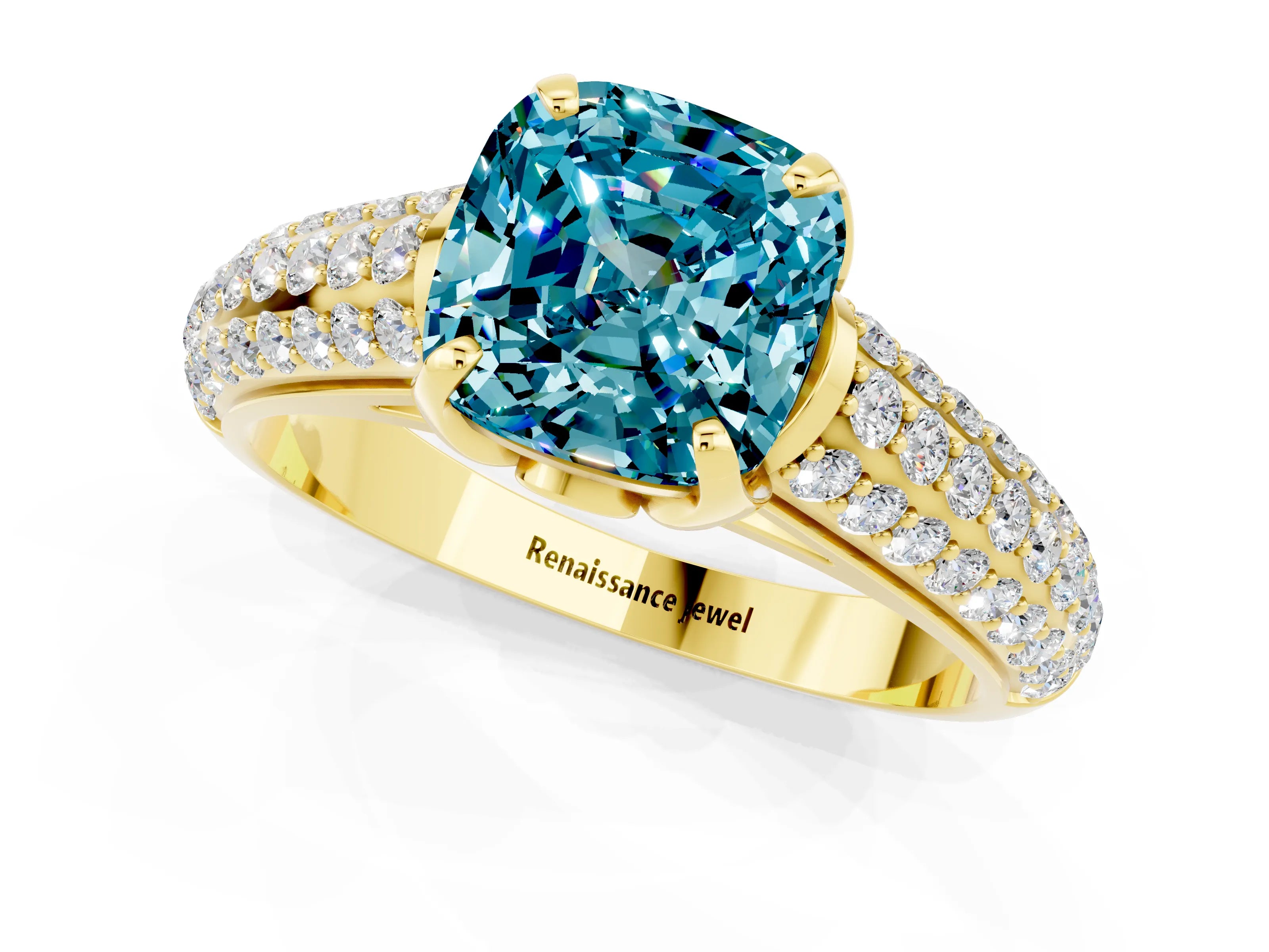 Yellow gold Cushion Cut Blue Topaz Solitaire Ring with Three-Row Pavé Band and Four-Prong Setting_13