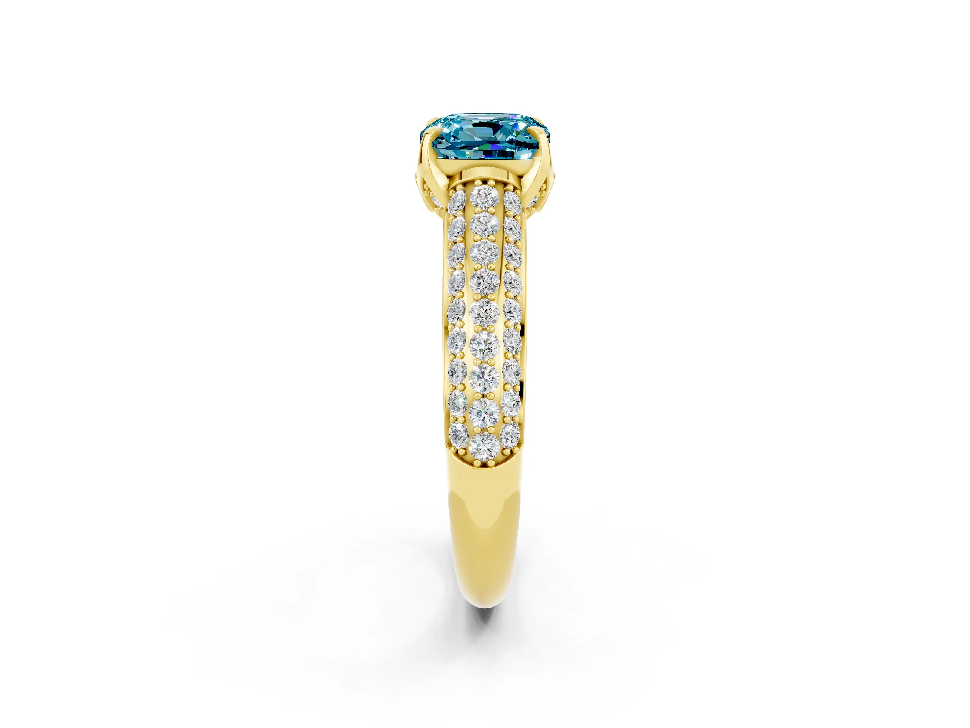 Yellow gold Cushion Cut Blue Topaz Solitaire Ring with Three-Row Pavé Band and Four-Prong Setting_14