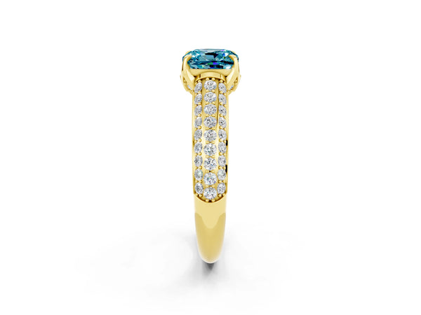Yellow gold Cushion Cut Blue Topaz Solitaire Ring with Three-Row Pavé Band and Four-Prong Setting