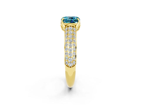 Yellow gold Cushion Cut Blue Topaz Solitaire Ring with Three-Row Pavé Band and Four-Prong Setting_14