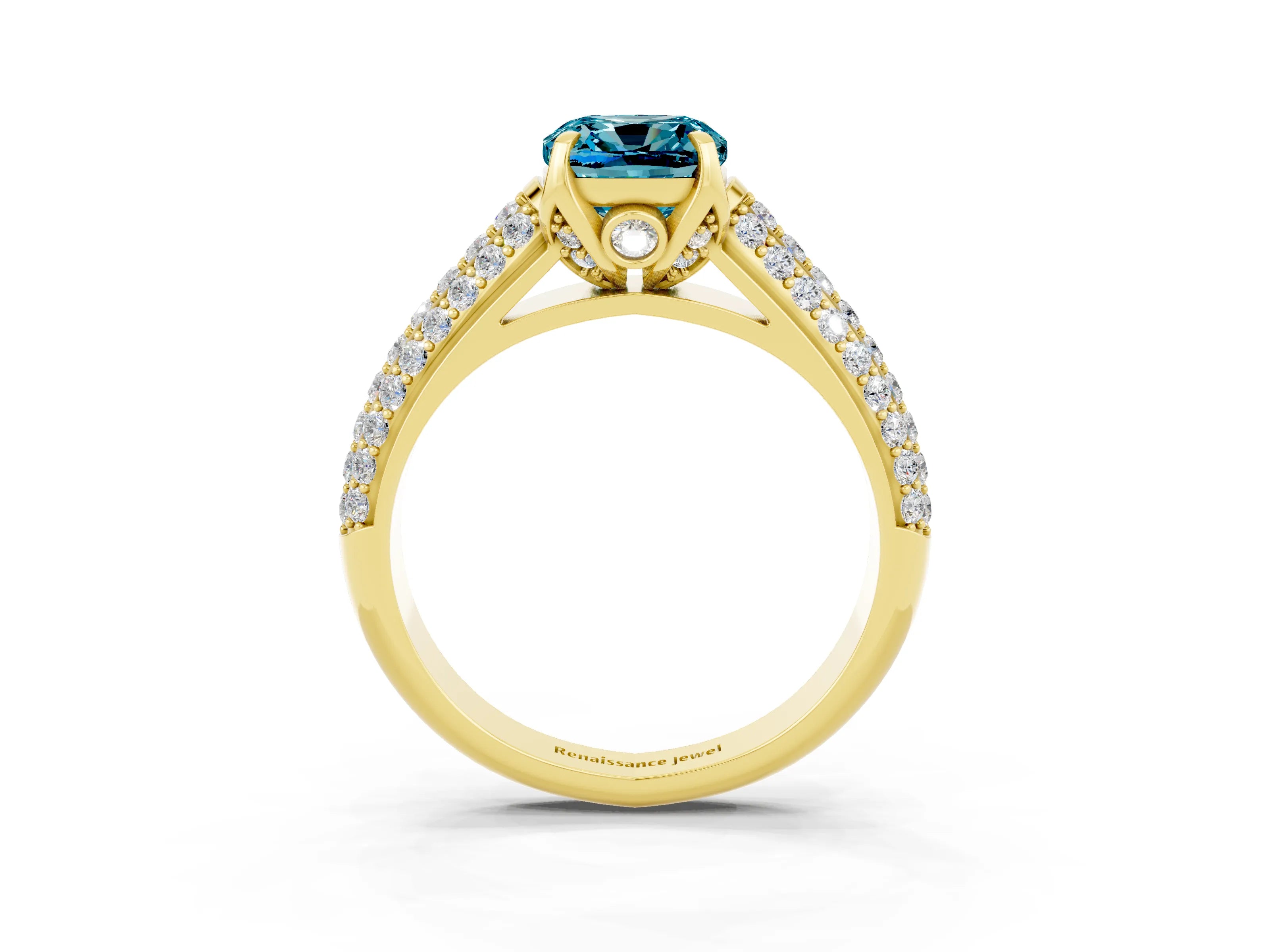 Yellow gold Cushion Cut Blue Topaz Solitaire Ring with Three-Row Pavé Band and Four-Prong Setting_15